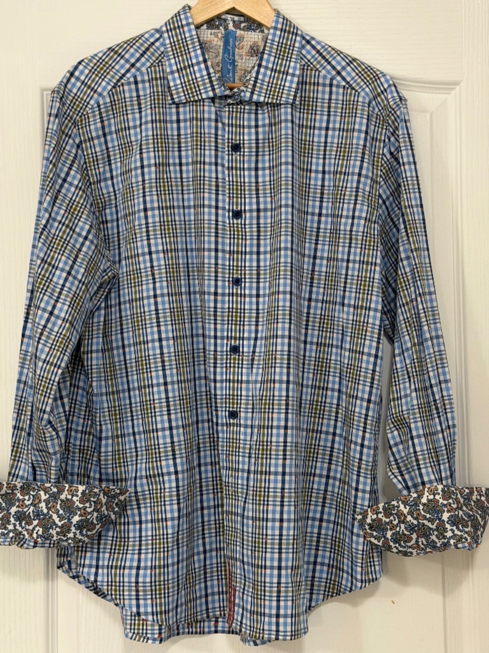 Robert Graham XL Classic Fit Blue Green Plaid Paisley Flip Cuff Shirt